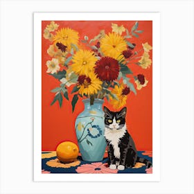 Chrysanthemum Flower Vase And A Cat, A Painting In The Style Of Matisse 0 Art Print