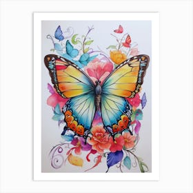 Butterfly With Flowers Art Print