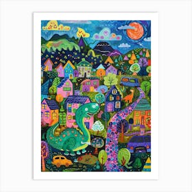 Cute Colourful Dinosaur In A Village 1 Art Print