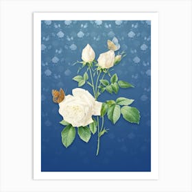 Vintage White Bengal Rose Botanical on Bahama Blue Pattern n.1815 Art Print