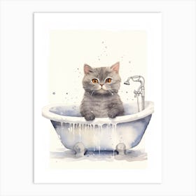 British Shorthair Cat In Bathtub Bathroom 3 Art Print
