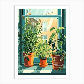 Sweet Illustrations Of Potted Herbs On The Windowsil 3 Art Print