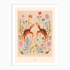 Folksy Floral Animal Drawing Crab Poster Art Print