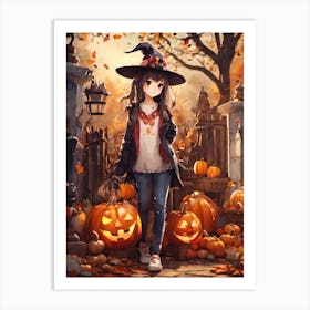 Halloween Girl With Pumpkins 1 Art Print