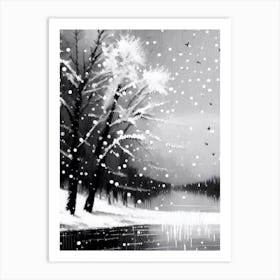 Snowflakes Falling By A Lake, Snowflakes, Black & White 1 Art Print