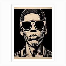 Linocut Inspired Face With Sunglasses Portrait 3 Art Print