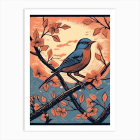 Vintage Bird Linocut Bluebird 2 Art Print