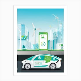 Illustration Of A Sleek Futuristic Electric Vehicle Charging At A Station With A Modern Urban Road Art Print