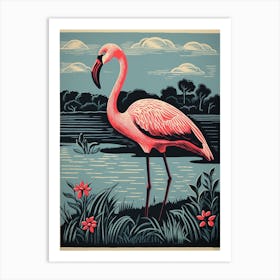 Vintage Bird Linocut Greater Flamingo 2 Art Print