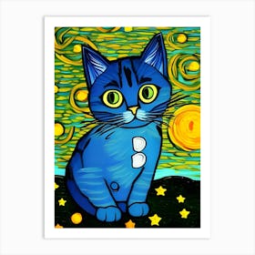 Blue Cat On Starry Night Art Print