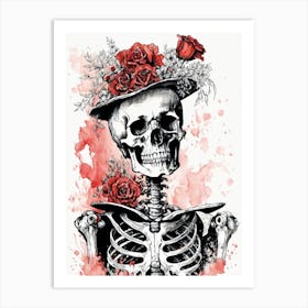 Floral Skeleton With Hat Ink Painting (13) Art Print