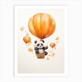 Panda Flying With Autumn Fall Pumpkins And Balloons Watercolour Nursery 4 Art Print