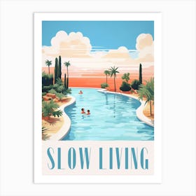 Slow Living. Gouache Landscape with Quote. Vintage Travel Swimming Art Print