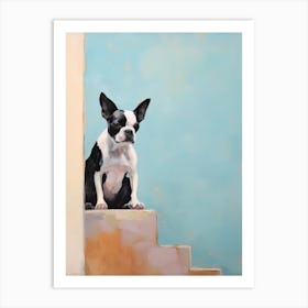 Boston Terrier Dog, Painting In Light Teal And Brown 0 Art Print