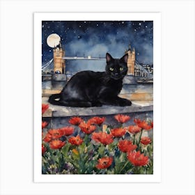 Black Cat in London Tower Bridge At Night - England Iconic Cityscapes Flowers Full Moon Britain Traditional Watercolor Art Print Kitty Travels Home and Room Wall Art Cool Decor Klimt and Matisse Inspired Modern Awesome Cool Unique Pagan Witchy Witches Familiar Gift For Cat Lady Animal Lovers World Travelling Genuine Works by British Watercolour Artist Lyra O'Brien   Art Print