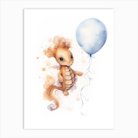 Baby Seahorse Flying With Ballons, Watercolour Nursery Art 1 Art Print