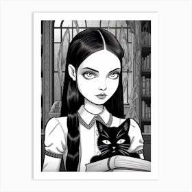 Nevermore Academy With Wednesday Addams And A Cat Line Art 1 Fan Art Art Print