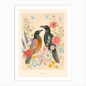 Folksy Floral Animal Drawing Raven 4 Poster Art Print