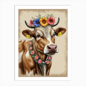 Cow With Flowers Art Print