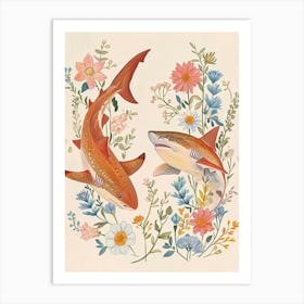 Folksy Floral Animal Drawing Shark 3 Art Print