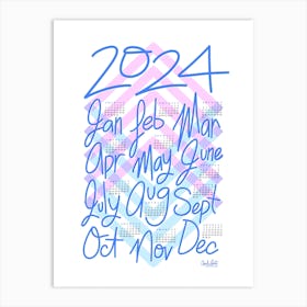 2024 Calendar in Bright Pink and Blue Diamonds Art Print