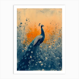 Vintage Orange & Blue Peacock In The Wild 3 Art Print
