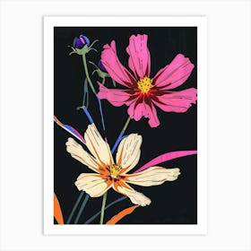 Neon Flowers On Black Cosmos 2 Art Print