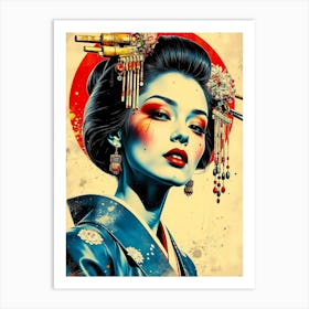 Geisha In Blue Kimono - Gringe Texture Art Print