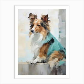 Shetland Sheepdog Dog, Painting In Light Teal And Brown 2 Art Print