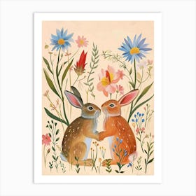 Folksy Floral Animal Drawing Rabbit 3 Art Print