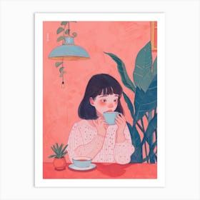 Girl Drinking Tea Lo Fi Kawaii Illustration 2 Art Print