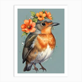 Robin With Flowers 1 Art Print