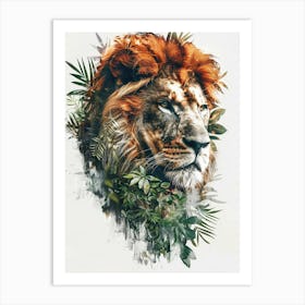 Double Exposure Realistic Lion With Jungle 24 Art Print