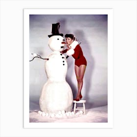 Pin Up Girl And A Tall Snowman Art Print