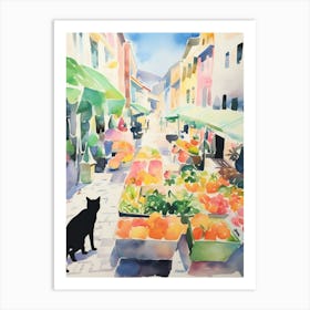 Food Market With Cats In Santander 3 Watercolour Art Print