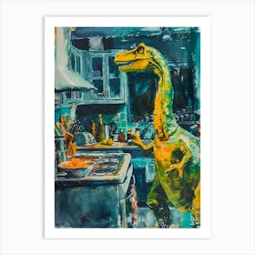 Dinosaur Cooking In The Kitchen Blue Brushstrokes 1 Art Print