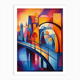 Bridges at Sunset II, Colorful Abstract Painting in Picasso Cubism Style Art Print