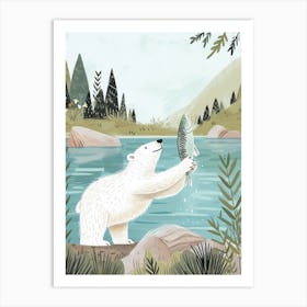 Polar Bear Catching Fish In A Tranquil Lake Storybook Illustration 1 Art Print