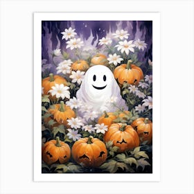 Cute Bedsheet Ghost, Botanical Halloween Watercolour 84 Art Print