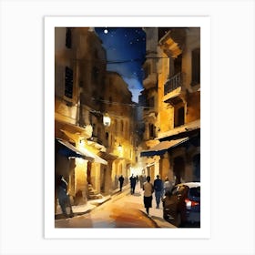 Watercolor Of An Old City Street At Night Art Print