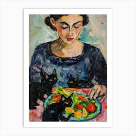 Portrait Of A Woman With Cats Eating A Salad  1 Art Print