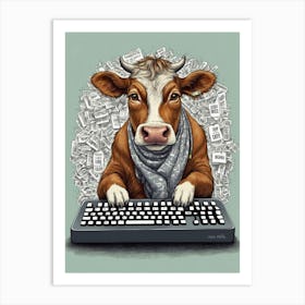 Cow On A Computer Art Print