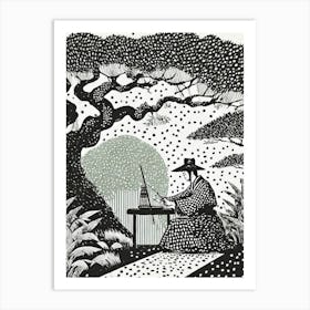 A Garden Scene With A Samurai Practicing Calligraphy pointillism Art Print