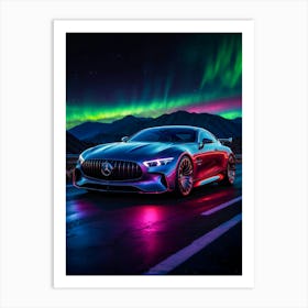 Mercedes AMG under northern lights, a concept car in neon. Speed and racing car design with timeless automotive allure. Art Print