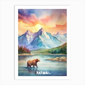 Katmai  National Park Watercolor Painting Landscape Art Print