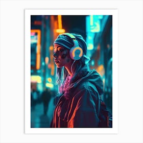 Neon Girl With Headphones 3 Art Print