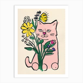 Cute Cat With Flowers Illustration 3 Art Print