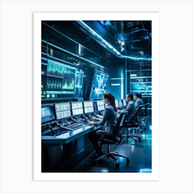 Cyber Industrial Automation Control Room With Sleek Ergonomic Workstations Translucent Holographic Art Print