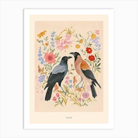 Folksy Floral Animal Drawing Crow Poster Art Print