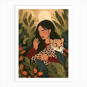 Girl With Leopard In The Jungle Art Print